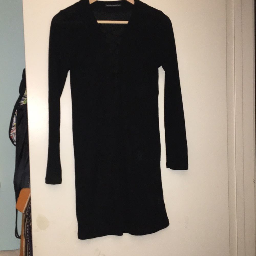 ribbed long sleeve lace up dress